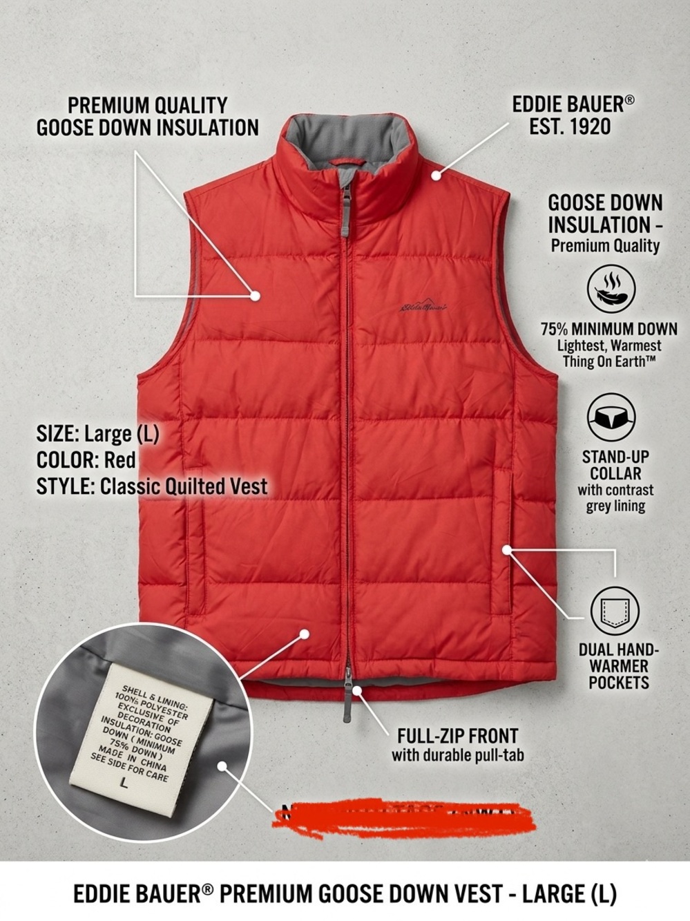 Eddie Bauer Red Quilted Down Vest with Gray Collar